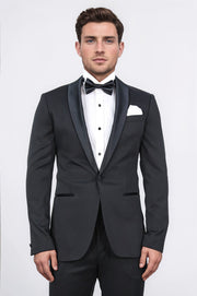 Slim fit saten şal yaka siyah desenli damatlık